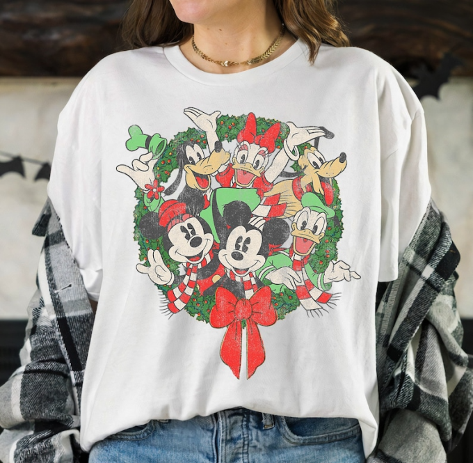 Spread Holiday Cheer With Disney Group Shot Christmas Wreath Mickey And Friends Shirt