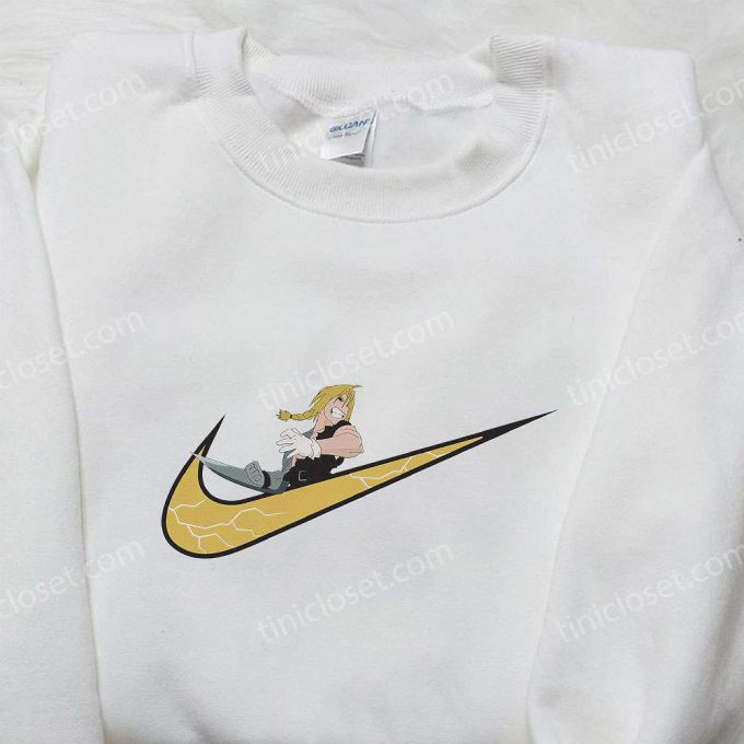 Anime Embroidered Hoodie: Edward Elric X Nike Swoosh Fullmetal Alchemist Shirt Nike Inspired D Gift For Men Women