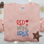 Get F Gift for Men Women with our Fourth of July Red Wine & Blue Embroidered Shirt – Perfect National Day Gift!