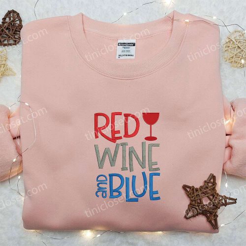 Get F Gift for Men Women with our Fourth of July Red Wine & Blue Embroidered Shirt – Perfect National Day Gift!