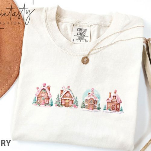 Get Festive with our Gingerbread Christmas Houses Printed Shirt – Limited Edition Holiday Apparel