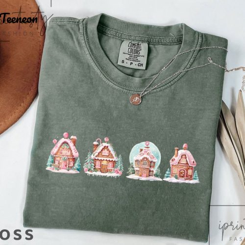 Get Festive with our Gingerbread Christmas Houses Printed Shirt – Limited Edition Holiday Apparel