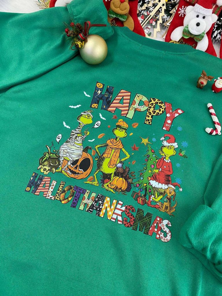 Get Festive With The Grinch Happy Hallothanksmas Shirt For A Unique Holiday Style!