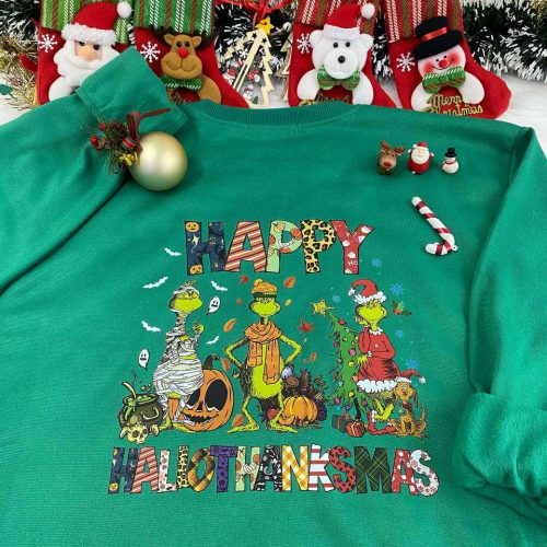 Get Festive with the Grinch Happy HalloThanksMas Shirt for a Unique Holiday Style!