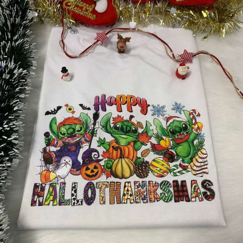 Get Festive with HalloThanksMas Stich x Gricnh Shirt – Perfect Holiday Attire for a Merry Celebration!