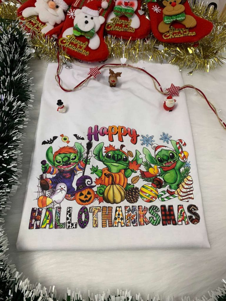 Get Festive With Hallothanksmas Stich X Gricnh Shirt – Perfect Holiday Attire For A Merry Celebration!