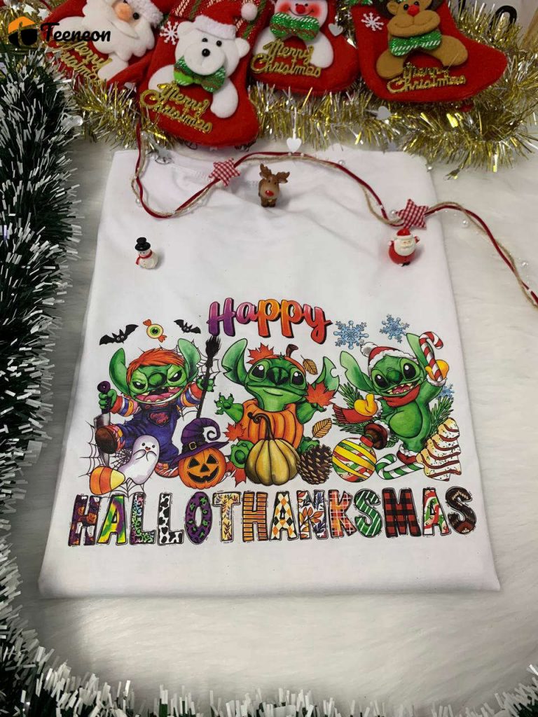 Get Festive With Hallothanksmas Stich X Gricnh Shirt – Perfect Holiday Attire For A Merry Celebration!