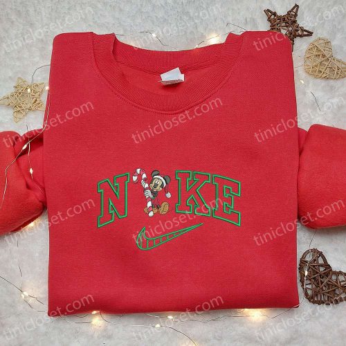 Mickey Mouse Candy Cane Xmas x Nike Embroidered Tshirt – B Gift for Men Women Christmas Gift Ideas Nike Inspired Shirt