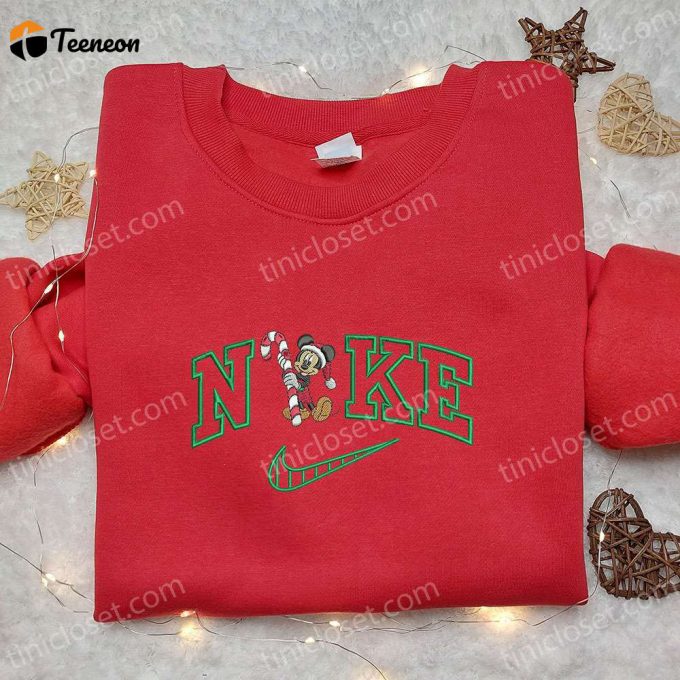 Mickey Mouse Candy Cane Xmas X Nike Embroidered Tshirt – B Gift For Men Women Christmas Gift Ideas Nike Inspired Shirt