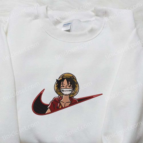 Monkey D Luffy Laughing X Swoosh Embroidered Sweatshirt – Cool Anime Clothing One Piece Shirt