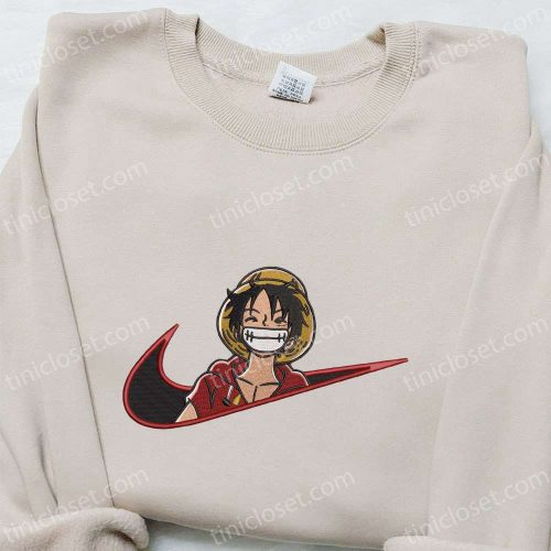 Monkey D Luffy Laughing x Swoosh Embroidered Sweatshirt: Cool Anime Clothing for One Piece Fans