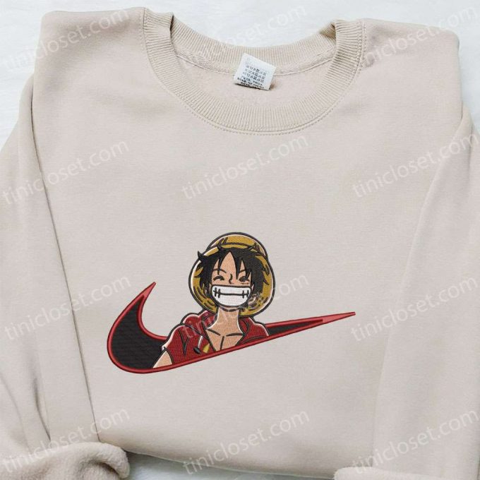 Monkey D Luffy Laughing X Swoosh Embroidered Sweatshirt: Cool Anime Clothing For One Piece Fans