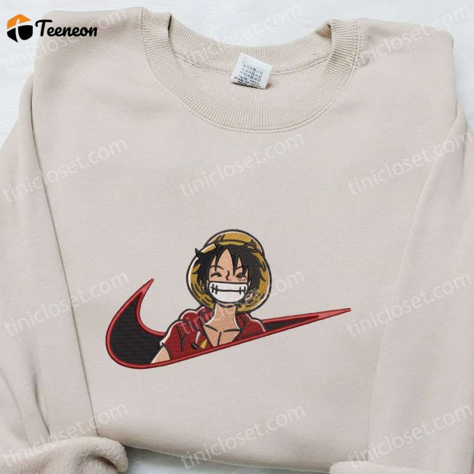 Monkey D Luffy Laughing X Swoosh Embroidered Sweatshirt: Cool Anime Clothing For One Piece Fans