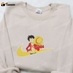 Monkey D Luffy x Swoosh Anime Sweatshirt: Nike Inspired Embroidered Hoodie Perfect Family Birthday Gift