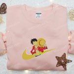 Monkey D Luffy x Swoosh Anime Sweatshirt: Nike Inspired Embroidered Hoodie Perfect Family Birthday Gift