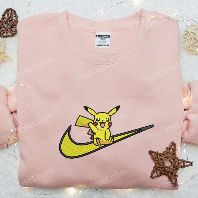 Anime Inspired Pikachu X Swoosh Embroidered Shirt Nike Inspired T-Shirt Perfect Family Gift Idea