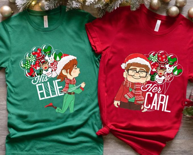 Custom Pixar Up Santa Her Carl His Ellie Balloon Mickey Ears T-Shirt: Unique Design For Disney Fans