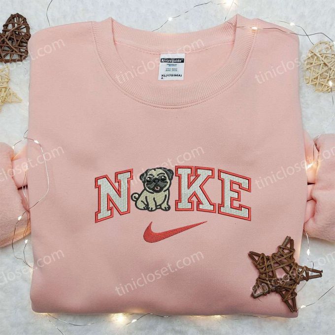 Pug Puppy Dog X Nike Embroidered Sweatshirt: Animal Inspired Shirt With Nike Logo Embroidery