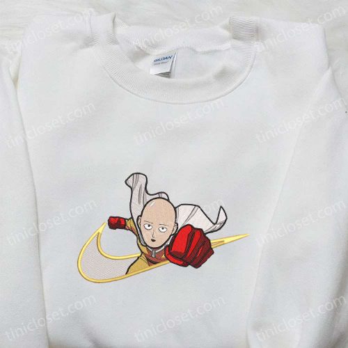 Saitama x Swoosh Anime Embroidered Hoodie: Cool Anime Clothing & B Gift for Men Women Family Gift Ideas