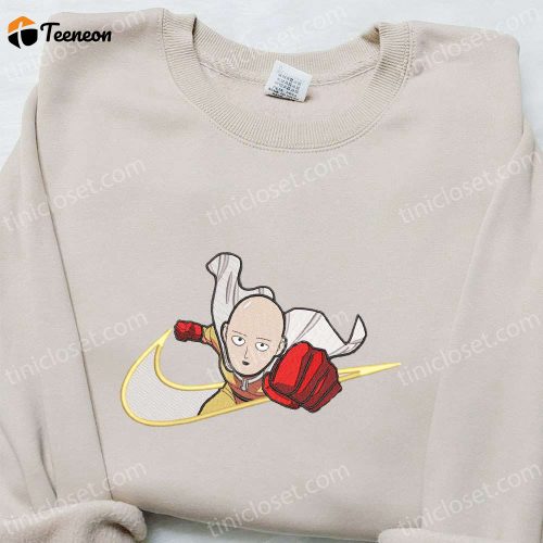 Saitama x Swoosh Anime Embroidered Hoodie: Cool Anime Clothing & B Gift for Men Women Family Gift Ideas