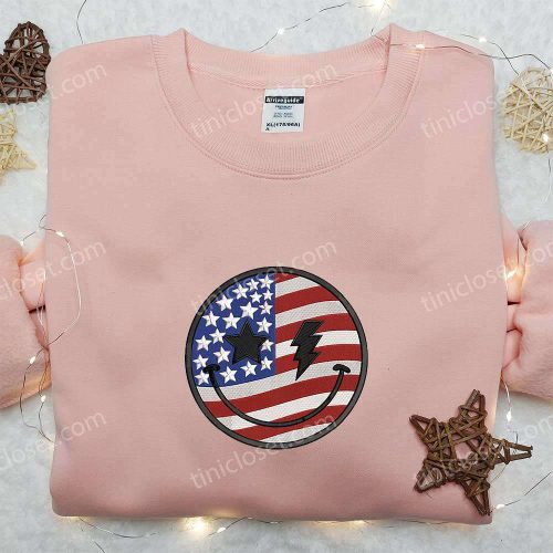 Smile Icon x America Flag Stitch Embroidered Shirt – Celebrate Independence Day with National Day Gifts