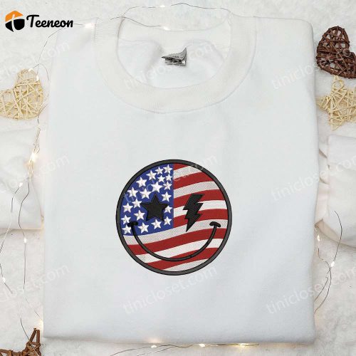 Smile Icon x America Flag Stitch Embroidered Shirt – Celebrate Independence Day with National Day Gifts