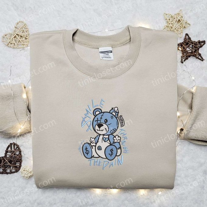 Smile Through The Pain Blue Bear Embroidered Shirt: Cool &Amp; B Gift For Men Women Family Gift