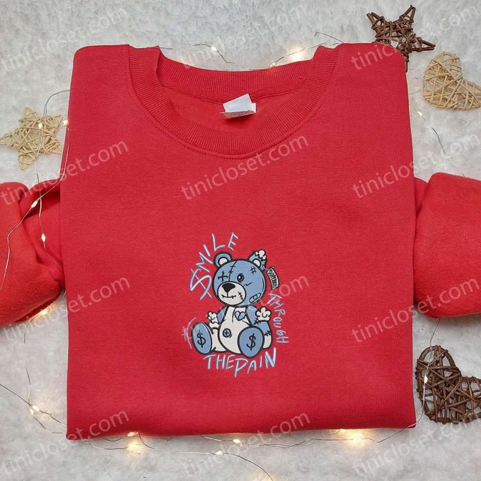 Smile Through The Pain Blue Bear Embroidered Shirt: Cool &Amp; B Gift For Men Women Family Gift