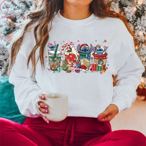 Cozy Christmas Sweatshirt: Stitch Coffee Cup Design for Festive Vibes!