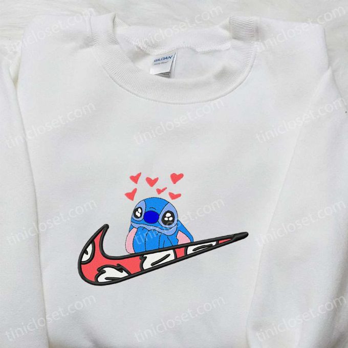 Stitch Hearts X Swoosh Embroidered Sweatshirt: Disney Characters Hoodie B Gift For Men Women Valentine’s Gift Ideas