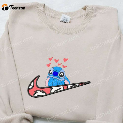 Stitch Hearts x Swoosh Embroidered Sweatshirt: Disney Characters Hoodie B Gift for Men Women Valentine’s Gift Ideas