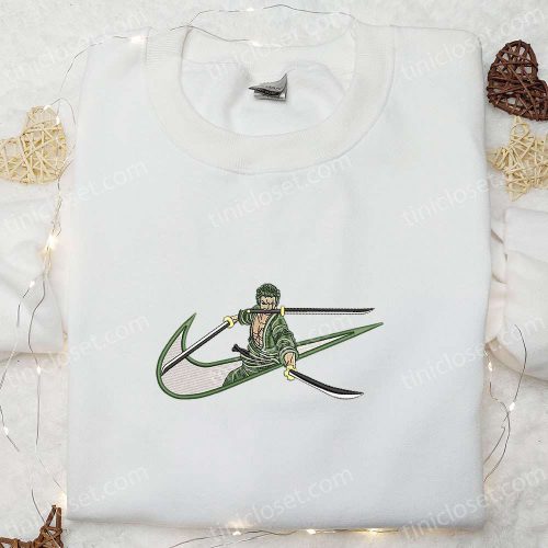 Swoosh Anime x Roronoa Zoro Hoodie & One Piece Shirt: B Gift for Men Women Family Gift Ideas with Embroidered D Gift for Men Women