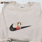 Swoosh x Monkey D Luffy Anime Sweatshirt: Nike Inspired Embroidered Shirt for Cool Anime Clothing