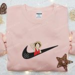 Swoosh x Monkey D Luffy Anime Sweatshirt: Nike Inspired Embroidered Shirt for Cool Anime Clothing