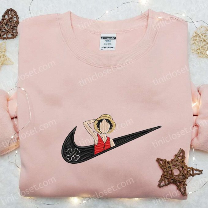 Swoosh X Monkey D Luffy Anime Sweatshirt: Nike Inspired Embroidered Shirt For Cool Anime Clothing