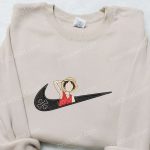 Swoosh x Monkey D Luffy Anime Sweatshirt: Nike Inspired Embroidered Shirt for Cool Anime Clothing