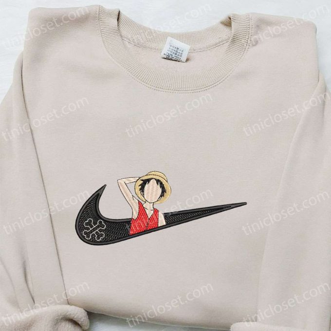 Swoosh X Monkey D Luffy Anime Sweatshirt: Nike Inspired Embroidered Shirt For Cool Anime Clothing